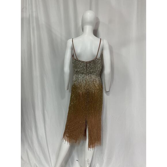 Liv Foster 'Beaded' Gold Scoop Neck Fringe Gown Size 0 - Picture 3 of 5